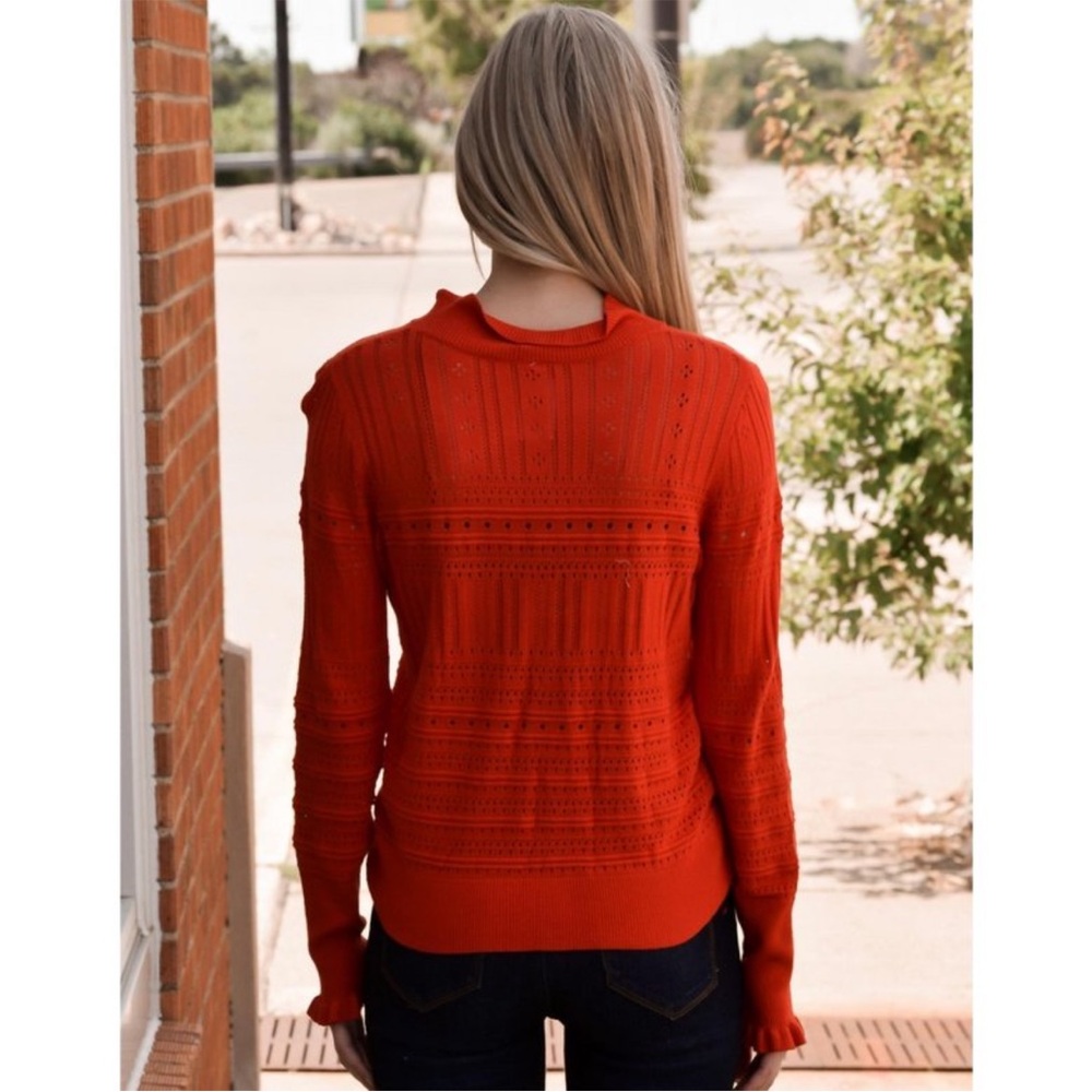 Vibrant Red Orange Knit Crochet Pointelle Sweater NEW Ruffle Hem S Romantic Crew - Picture 2 of 7